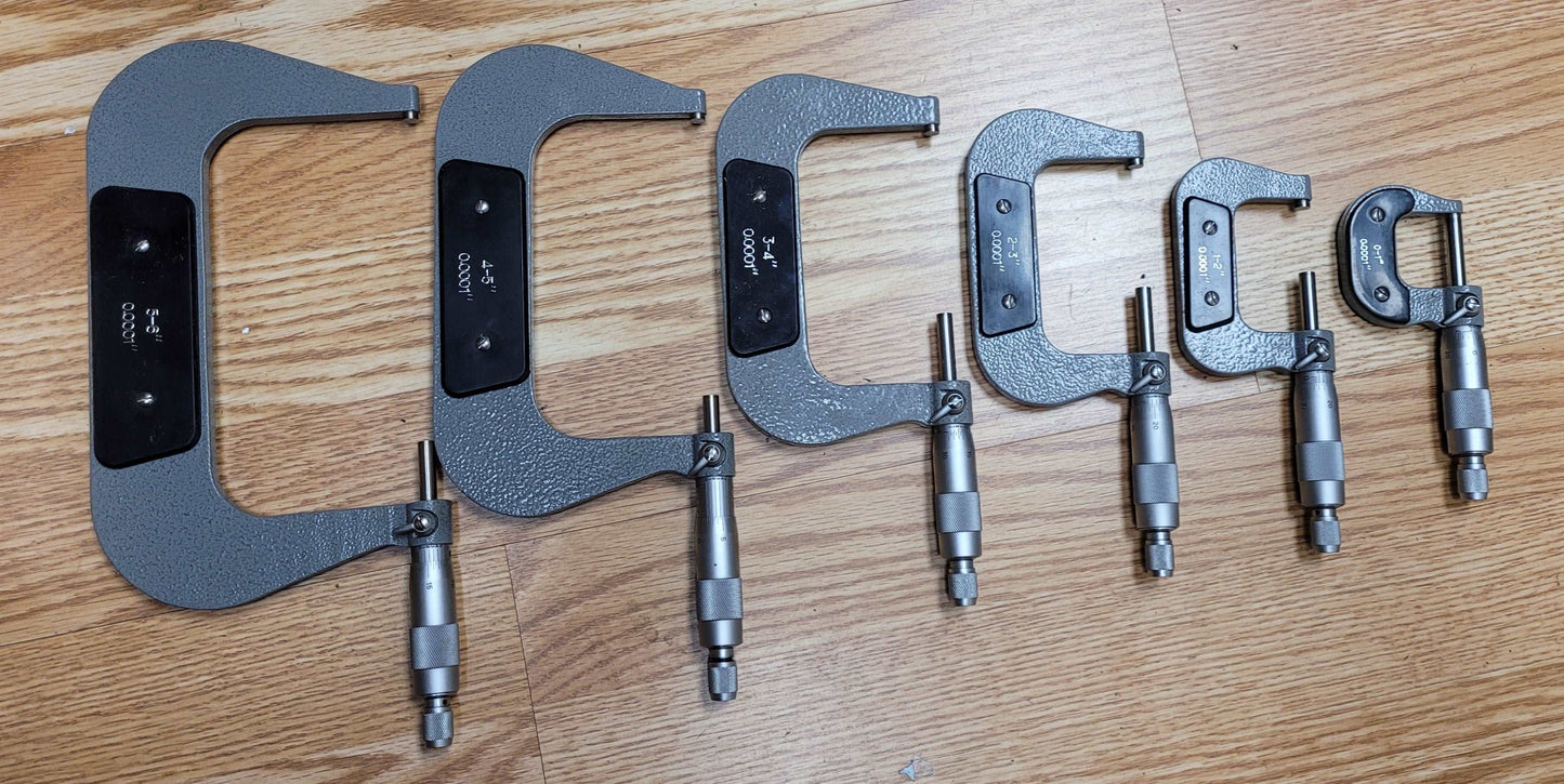 Aerospace 0 - 6” Six Piece Micrometer Tool With wood Case & Attachments Complete