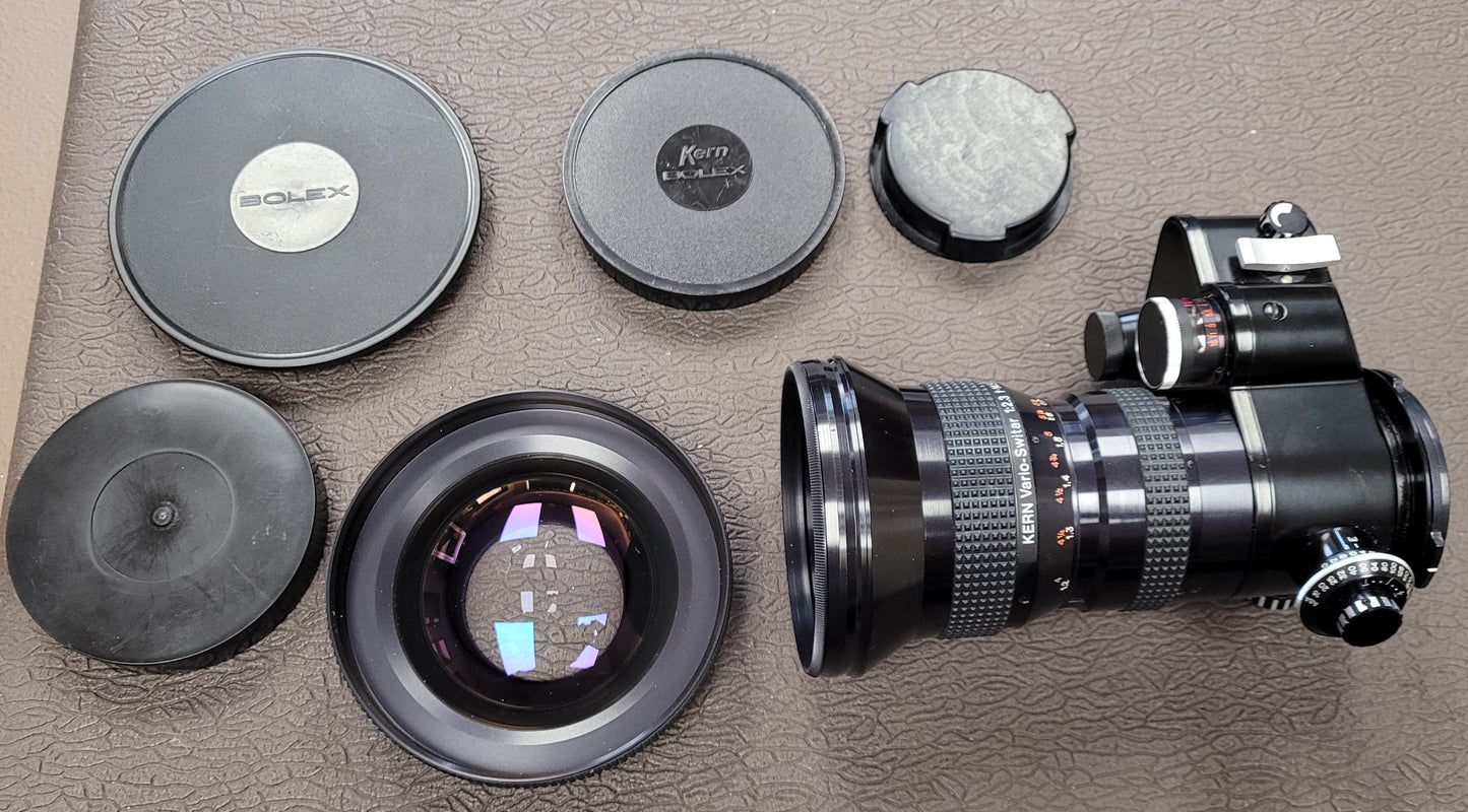Kern Vario-Switar 115PTL 14.5-115mm f2.3 Super 16 Multicoated Macro Zoom lens Bolex Bayonet Mount S# 1120596 with Bolex 7.5mm Wide Angle Aspheron S# 51165