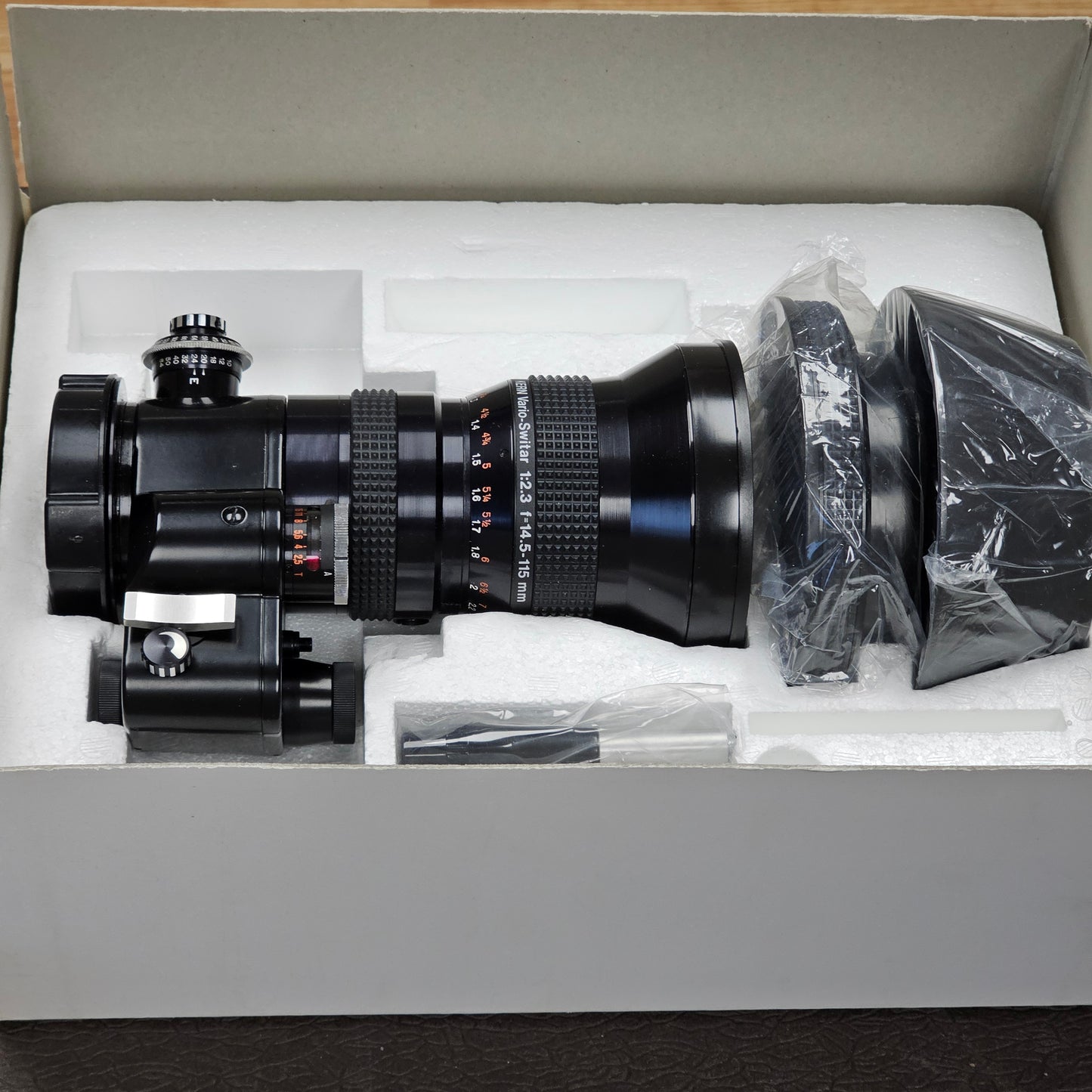 Kern Vario-Switar 115PTL 14.5-115mm f2.3 Super 16 Multicoated Macro Zoom lens Bolex Bayonet Mount S# 1120596 with Bolex 7.5mm Wide Angle Aspheron S# 51165