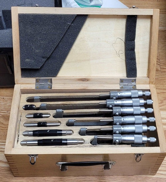 Aerospace 0 - 6” Six Piece Micrometer Tool With wood Case & Attachments Complete