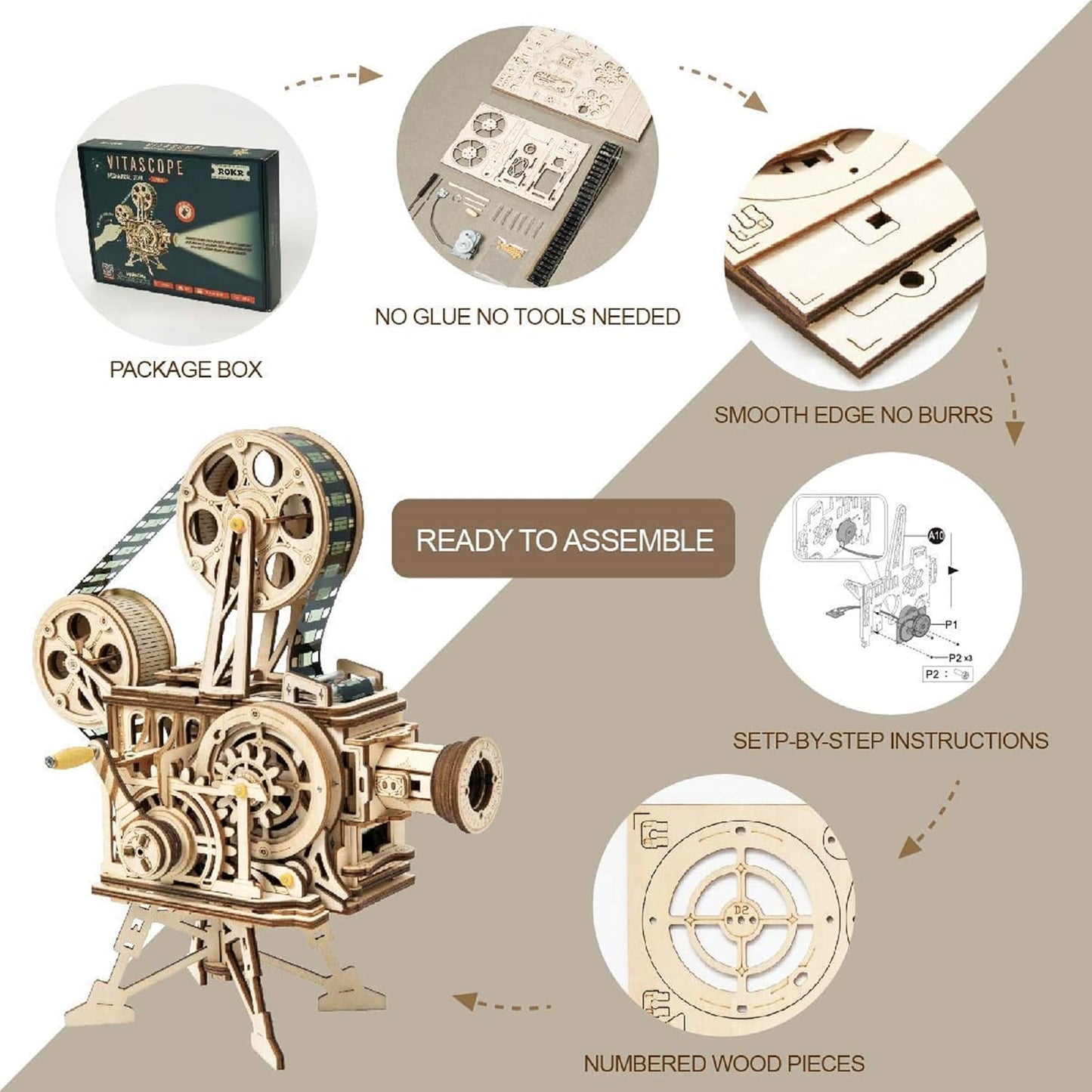 ROKR 3D Wooden Puzzle Vitascope Mechanical Gear LK601 DIY Film Projector Kit Puzzle Toy NEW