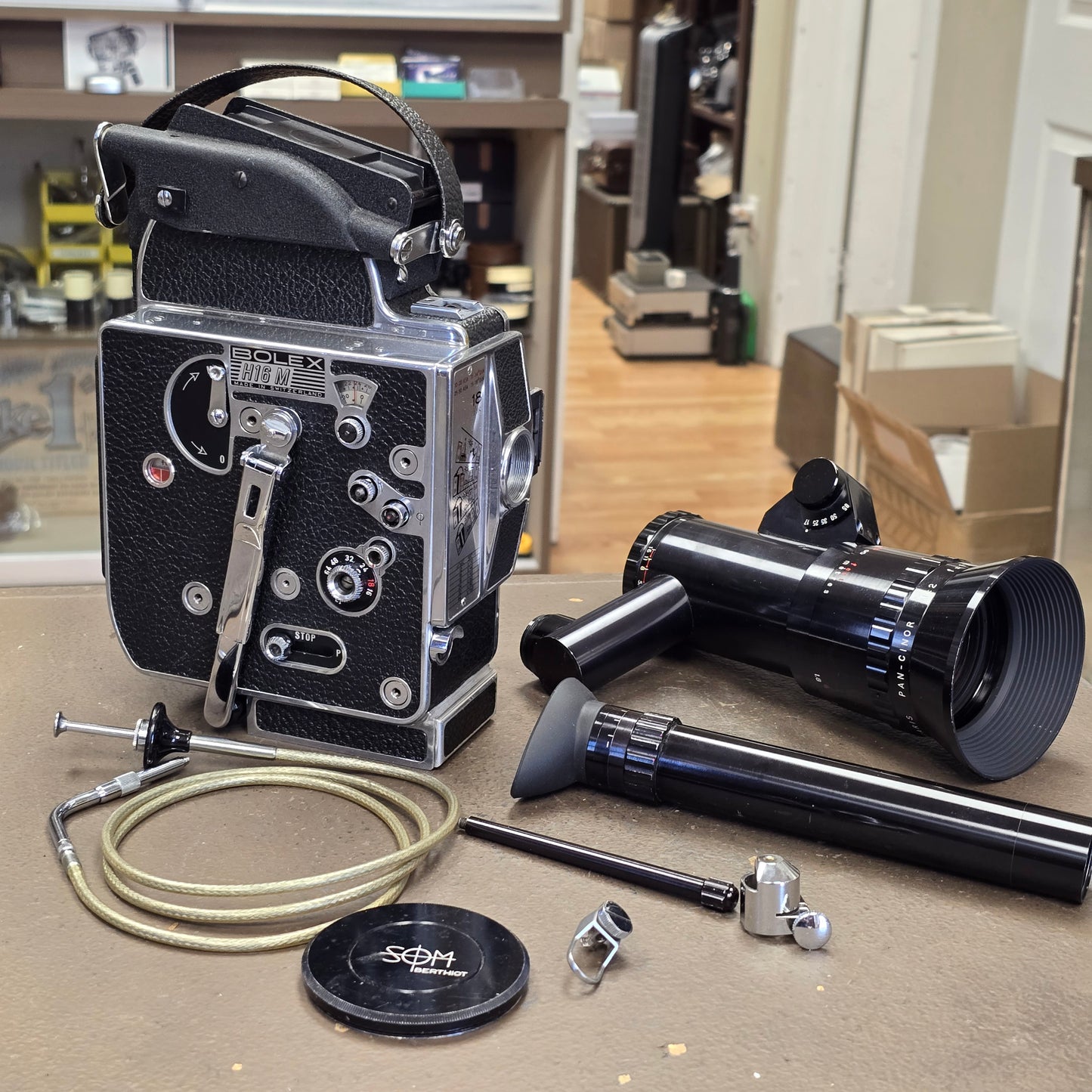 Bolex H16 M Non Reflex 16mm Camera body S# 249395 with Som Berthiot 17-85mm Dogleg Zoom Lens S# T72111 & Case