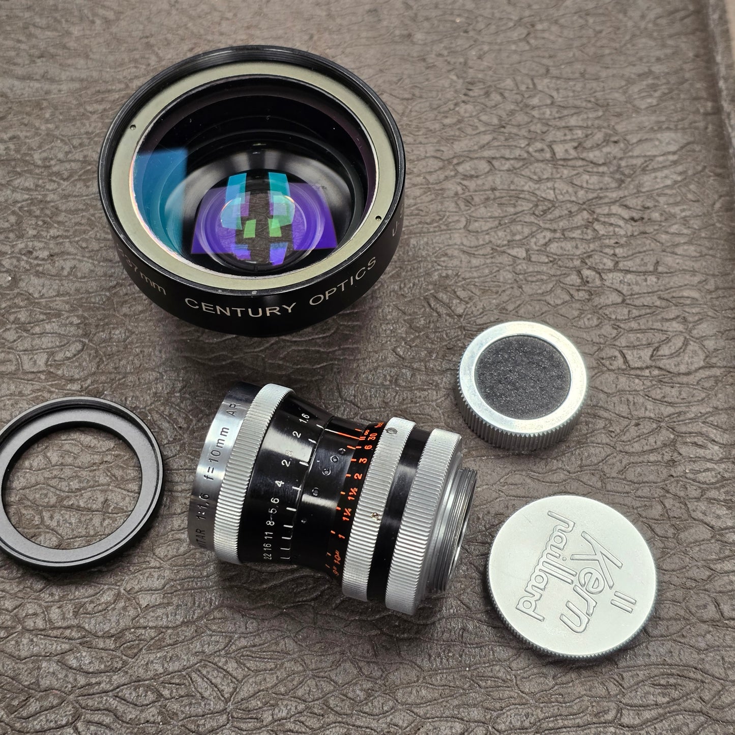 Switar 10mm f1.6 AR C-Mount Lens S# 508691 with Century Optics .65x HR Wide Angle Converter S# C93069