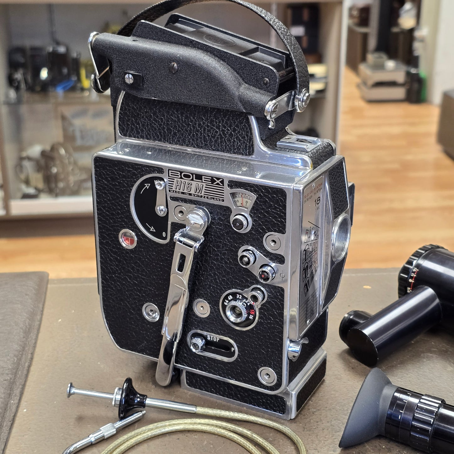 Bolex H16 M Non Reflex 16mm Camera body S# 249395 with Som Berthiot 17-85mm Dogleg Zoom Lens S# T72111 & Case