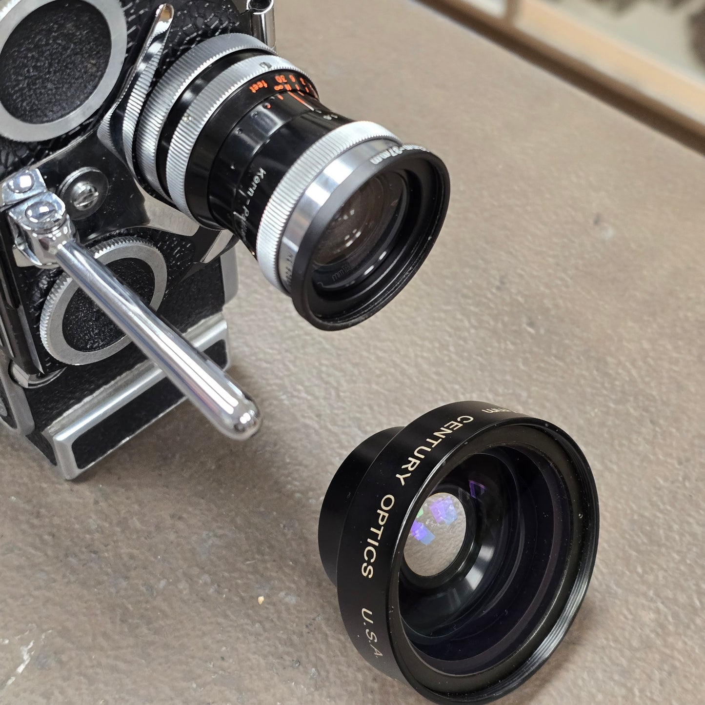 Switar 10mm f1.6 AR C-Mount Lens S# 508691 with Century Optics .65x HR Wide Angle Converter S# C93069