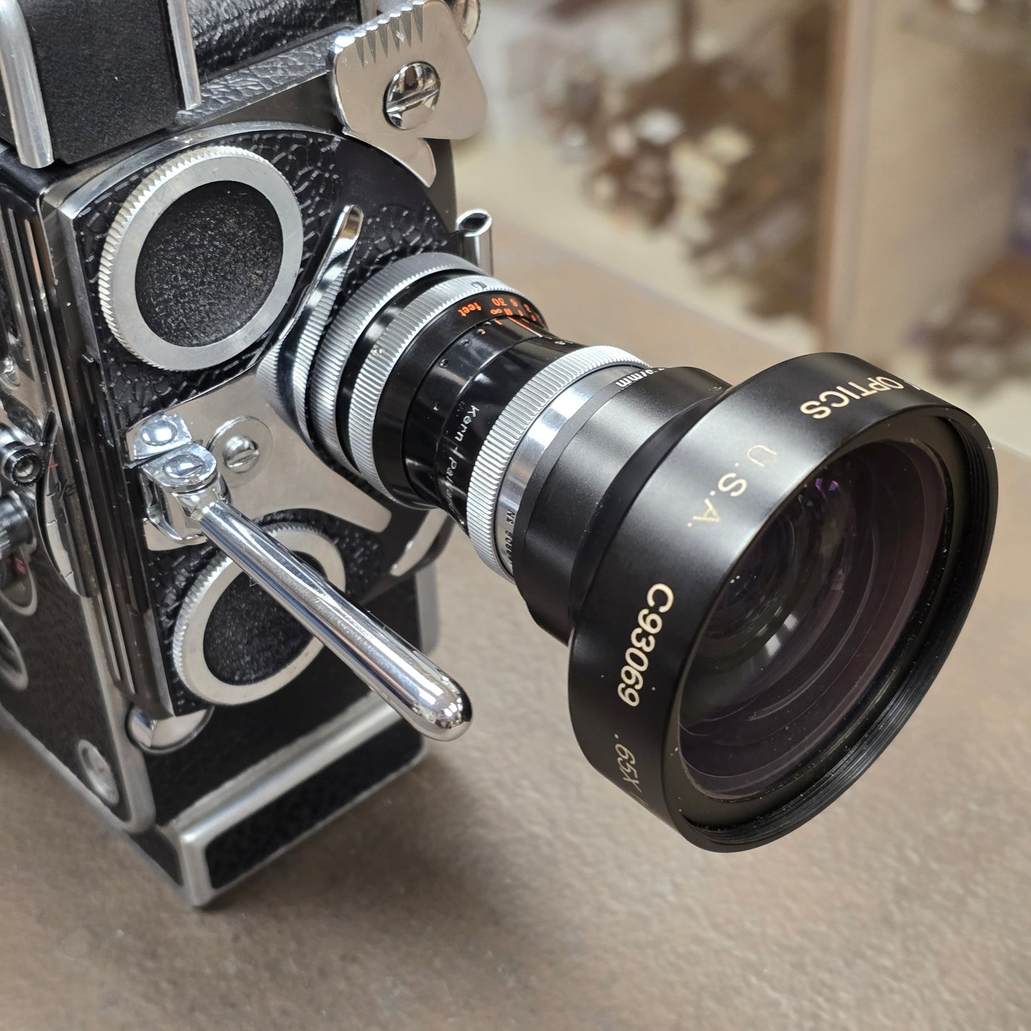 Switar 10mm f1.6 AR C-Mount Lens S# 508691 with Century Optics .65x HR Wide Angle Converter S# C93069