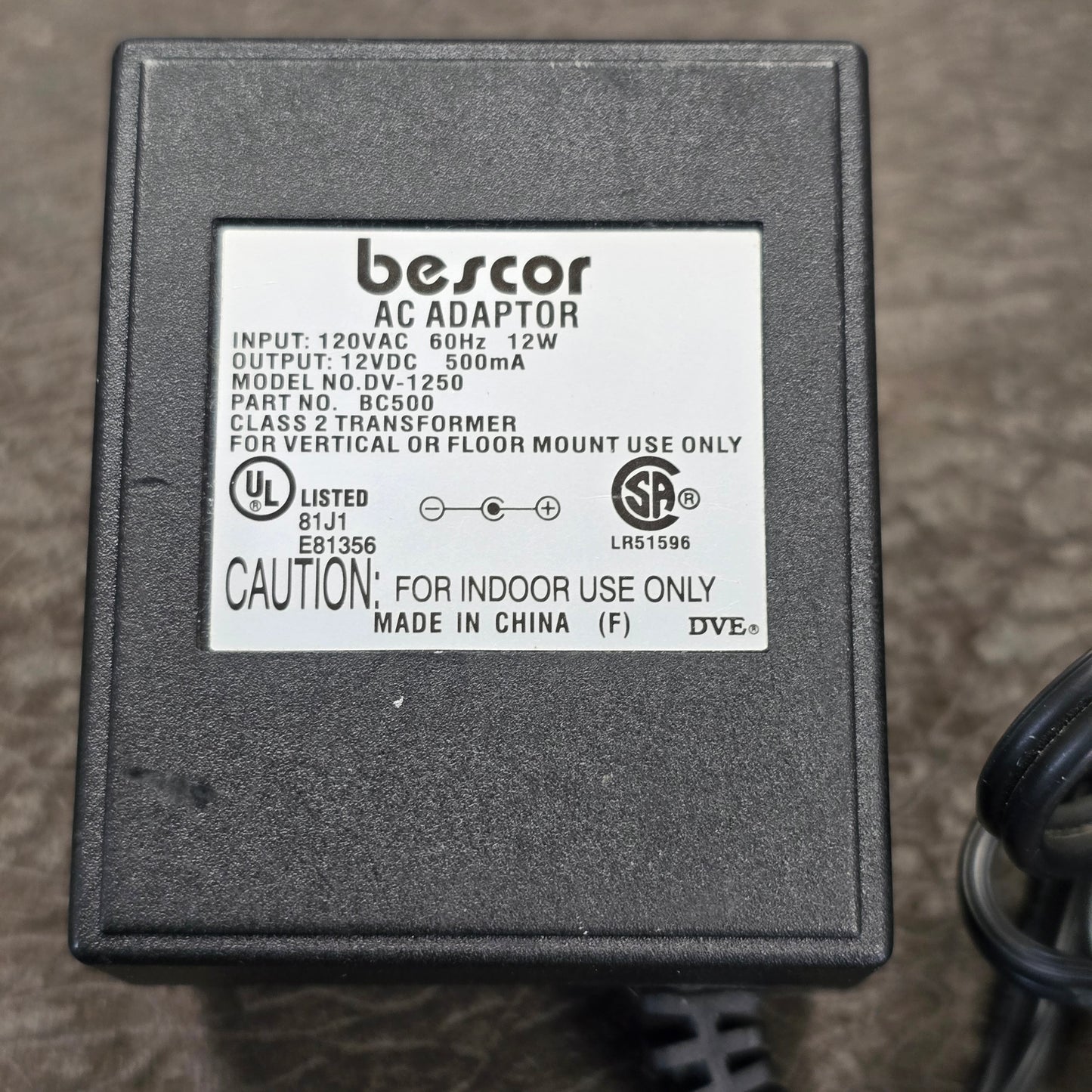 Bescor BC-500 Standard Charger 12V / 500mA AC Adaptor