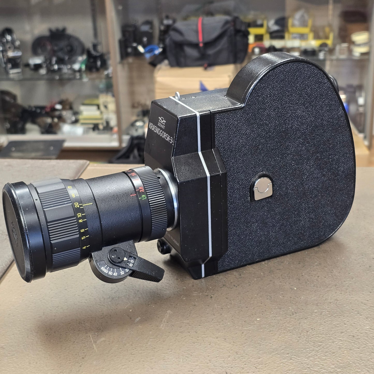 Krasnogorsk K-3 Reg 16mm Camera S# 8705945 with Meteor 17-69mm Zoom lens S# 877665 with Case