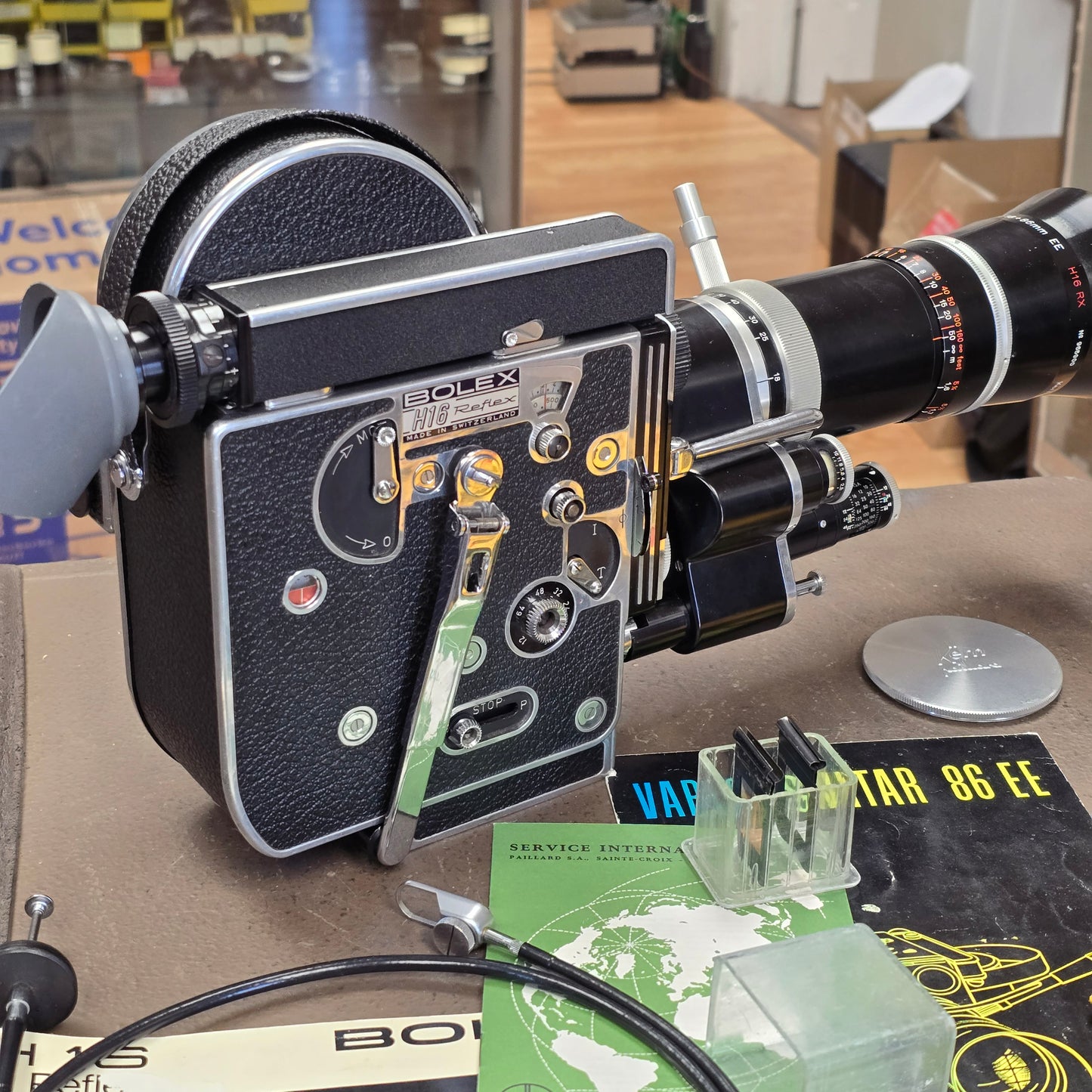 Bolex H16 Rex 3 16mm Camera with 10x viewfinder S# 206075 & Vario Switar 18-86mm Zoom lens S# 965900