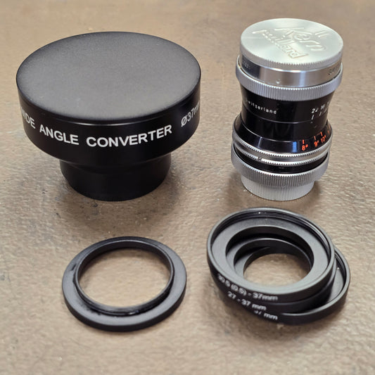 Switar 10mm f1.6 C-Mount Lens S# 1110561 with Century Optics .65x HR Wide Angle Converter S# C93185