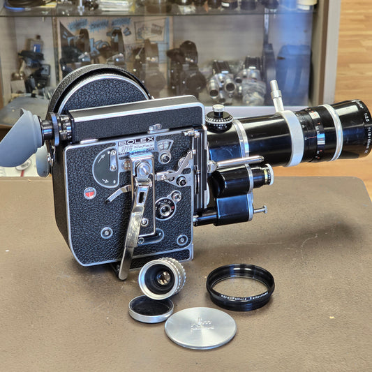Bolex H16 Rex 4 16mm Camera Body 10x viewfinder S# 227023  with Vario Switar 18-86mm Zoom Lens & Som Berthiot 25mm Lens