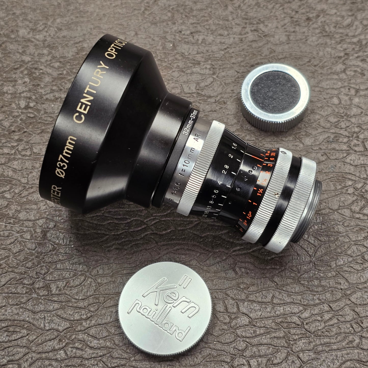 Switar 10mm f1.6 AR C-Mount Lens S# 508691 with Century Optics .65x HR Wide Angle Converter S# C93069