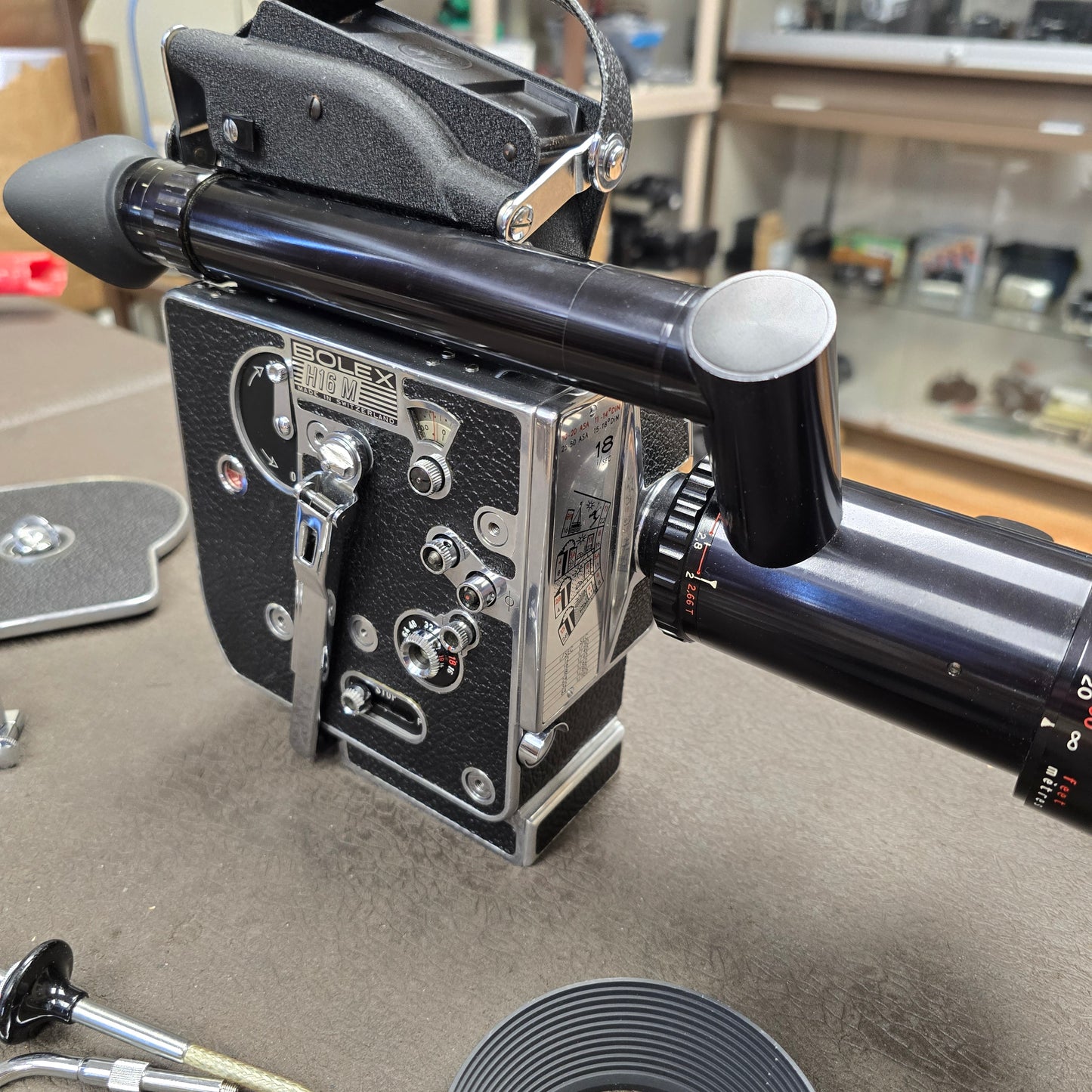 Bolex H16 M Non Reflex 16mm Camera body S# 249395 with Som Berthiot 17-85mm Dogleg Zoom Lens S# T72111 & Case